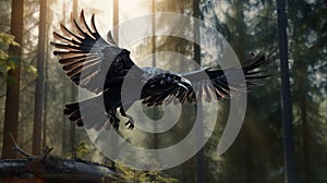 Realistic Raven Flying Through Forest - Vray Photorealistic Rendering