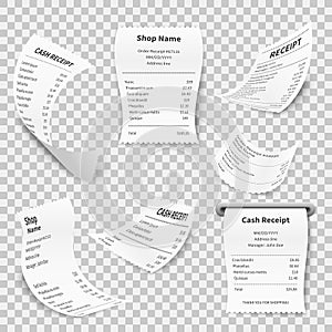 Realistic receipt. Cash register sales shopping receipts print paper supermarket check, payment invoice register set
