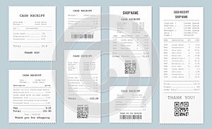 Realistic receipt. Restaurant bill, shop and supermarket paper receipts, purchase invoice