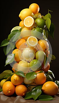 Realistic recreation of a vertical still life with citrus as oranges, lemons and limes