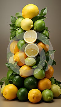 Realistic recreation of a vertical still life with citrus as oranges, lemons and limes