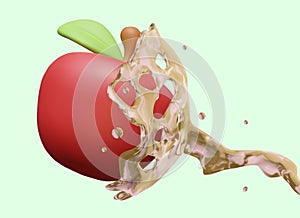 Realistic red apple, splashes of transparent liquid. Advertisement of fruit juice