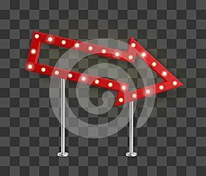 Realistic red arrow signage with yellow light bulbs pointed right and down. Show sign banner template with shadow