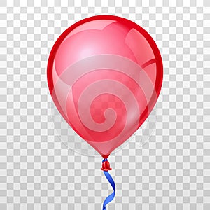 Realistic red balloon on transparent checkered background. Vector illustration