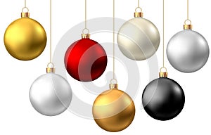 Realistic  red, black, gold, silver  Christmas  balls  isolated on white background