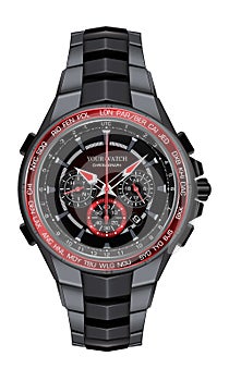 Realistic red black steel watch clock chronograph design fashion for men luxury elegance on white background vector