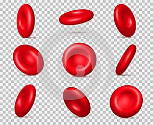 Realistic red blood cells. 3D erythrocyte molecules. Hemoglobin microscopic particles. Different view angles