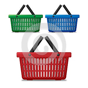 Realistic red, blue and green empty supermarket shopping basket isolated. Basket market cart for sale with handles