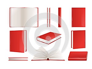 Realistic red books. 3d hardback or paperback book mockup, open and closed hardcover booklet with empty pages volume