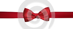 Realistic red bow with horizontal red ribbons isolated on white. Element for decoration gifts, greetings, holidays. Vector