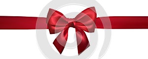 Realistic red bow with horizontal red ribbons isolated on white. Element for decoration gifts, greetings, holidays. Vector