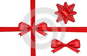 Realistic Red bow and horizontal ribbon shiny satin for decoration gifts, greetings, holidays.