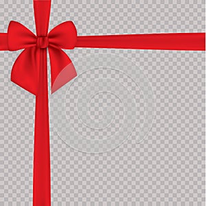 Realistic red bow and ribbon isolated on transparent background. Template for greeting card, poster or brochure. Vector