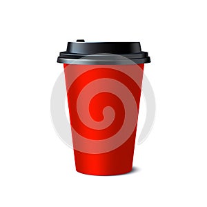 Realistic Red Coffee Paper Cup Mockup on White Background. Vector