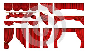 Realistic red curtains. Cinema and theater stage borders, 3D elegant backdrop drapery. Vector movie and opera interior