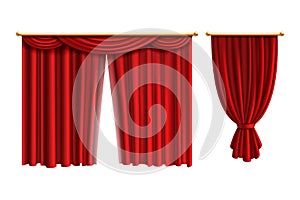 Realistic red curtains. Luxury curtain cornice open and closed, interior drapery textile. Theatre or circus portiere