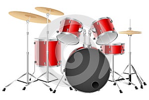 Realistic red drum set on a white background