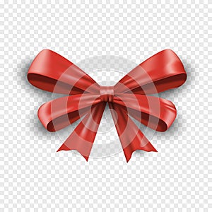 Realistic red gift bow isolated on transparent background. Valentine or christmas celebration bow. Satin decoration gift