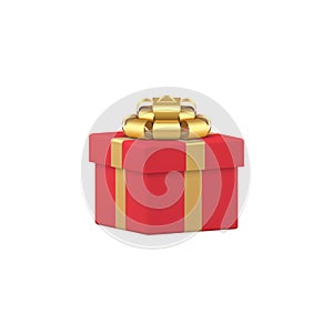 Realistic red gift box with metallic golden bow ribbon 3d vector illustration