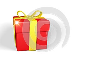 Realistic red gift box with yellow bow and ribbon isolated on white background. Vector illustration