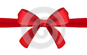 Realistic red gift satin ribbon with a bow on white background. Vector illustration.