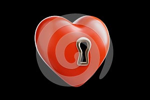 Realistic red glossy heart with keyhole. Symbol of love, loyalty, fidelity. Be my Valentine. 3d illustration for card