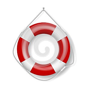 Realistic red lifebuoy with rope. Rescue belt for help and safety, lifesaver symbol for passengers