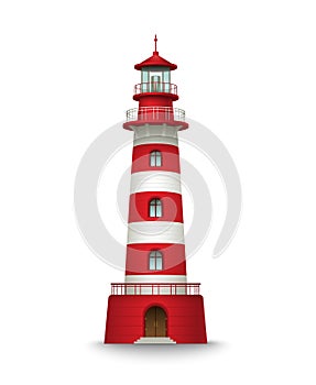 Realistic red lighthouse building isolated on white background. Vector illustration