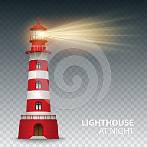 Realistic red lighthouse building on white background. Vector illustration