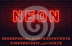 Realistic red neon font set with transparent light