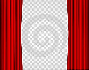 Realistic Red Opened Stage Curtains on a Transparent Background. Vector