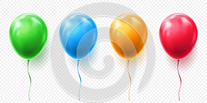 Realistic red, orange, green and blue balloon vector illustration on transparent background. Balloons for Birthday
