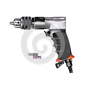 Realistic red pneumatic drill isolated on white background. Metalworking and auto repair tool. Vector illustration
