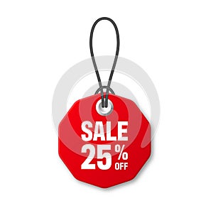 Realistic red price tag. Special offer or shopping discount label. Retail paper sticker. Promotional sale badge. Vector