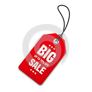 Realistic red price tag. Special offer or shopping discount label. Retail paper sticker. Promotional sale badge. Vector