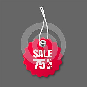 Realistic red price tag with white string on gray background. Special offer or shopping discount label. Retail paper