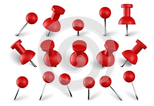 Realistic red push pins. Attach buttons on needles, pinned office thumbtack and paper push pin vector set. Stationery