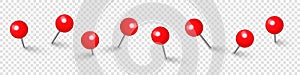 Realistic red push pins. Board tacks isolated on transparent background. Plastic pushpin with needle. Vector