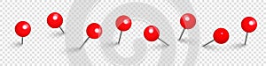 Realistic red push pins. Board tacks isolated on transparent background. Plastic pushpin with needle. Vector