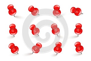 Realistic red push pins. Board tacks isolated on white background. Plastic pushpin with needle. Vector illustration.