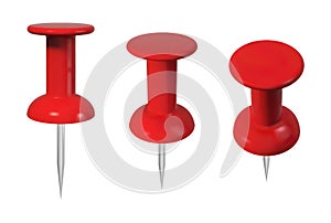 Realistic red push pins set. Isolated vector illustration.