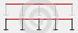 Realistic red retractable belt stanchion. Crowd control barrier posts with caution strap. Queue lines. Restriction