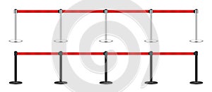 Realistic red retractable belt stanchion. Crowd control barrier posts with caution strap. Queue lines. Restriction