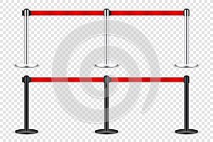 Realistic red retractable belt stanchion. Crowd control barrier posts with caution strap. Queue lines. Restriction