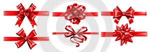 Realistic red ribbons with bows. Festive wrapping bow, gift decoration and presents ribbon vector set