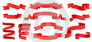 Realistic red ribbons, silk banner decoration element. Empty curled tape labels for product sale, discount offer banners