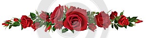 Realistic red roses border. Flower blossom elements, beautiful leaves and burgeon floral composition for wedding card