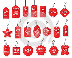 Realistic red sale labels, discount price tags mockups. Paper gift label with rope, promotional sales hanging tag vector