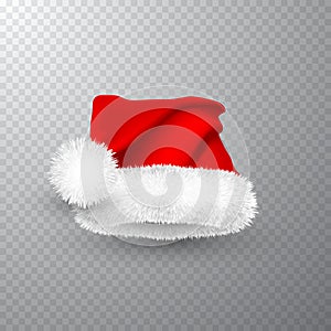 Realistic Red Santa Claus hat isolated on gray transparent background. Gradient mesh Santa Claus cap with fur. Vector illustration