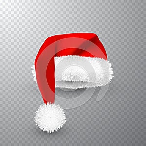 Realistic Red Santa Claus hat isolated on gray transparent background. Gradient mesh Santa Claus cap with fur. Vector illustration